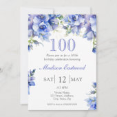 Elégant bleu floral 100e anniversaire Invitation (Devant)