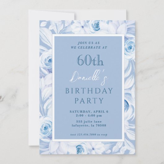 Elégant bleu floral 60e anniversaire Invitations (Devant)