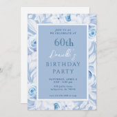 Elégant bleu floral 60e anniversaire Invitations (Devant / Derrière)