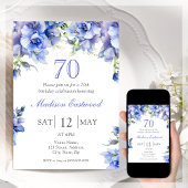 Elégant bleu floral 70e anniversaire Invitation