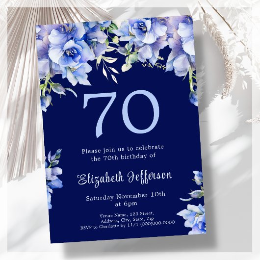 Elégant bleu floral 70e anniversaire Invitation
