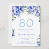 Elégant bleu floral 80e anniversaire Invitation (Devant)