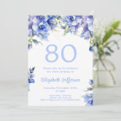 Elégant bleu floral 80e anniversaire Invitation (Debout devant)