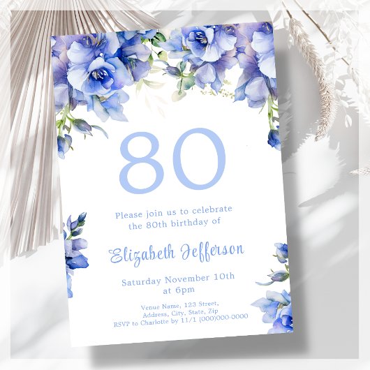 Elégant bleu floral 80e anniversaire Invitation