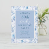 Elégant bleu floral 80e anniversaire Invitations (Debout devant)