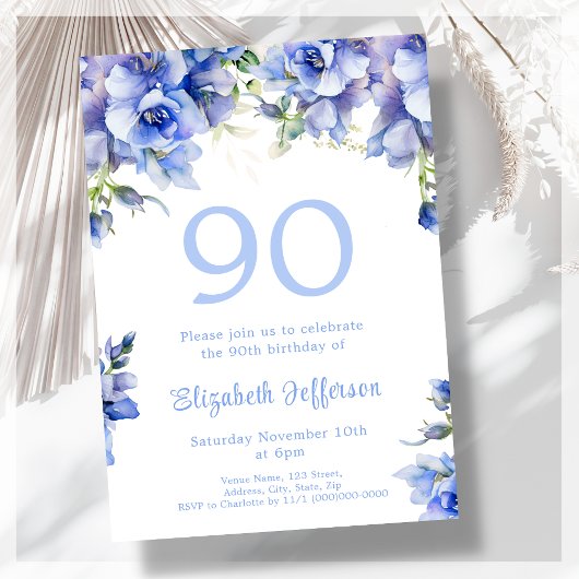 Elégant bleu floral 90e anniversaire Invitation