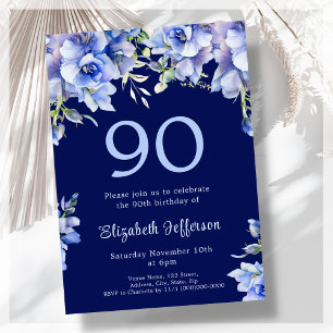 Elégant bleu floral 90e anniversaire Invitation