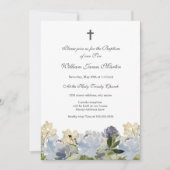 Elégant bleu Floral Cross Baptism Invitation (Devant)