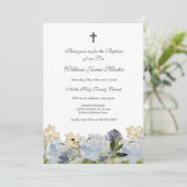 Elégant bleu Floral Cross Baptism Invitation (Debout devant)