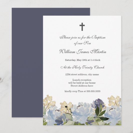 Elégant bleu Floral Cross Baptism Invitation (Devant / Derrière)