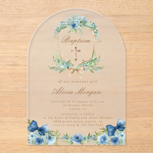 Elégant bleu Floral Cross Baptism Invitation (Recto)