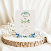 Elégant bleu Floral Cross Baptism Invitation