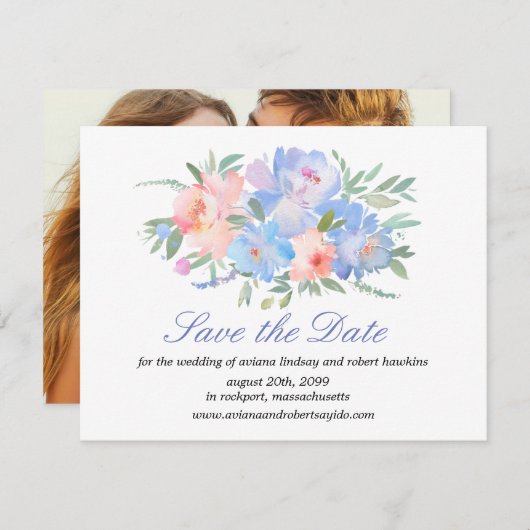 Elégant bleu floral Enregistrer la carte de date P (Devant / Derrière)