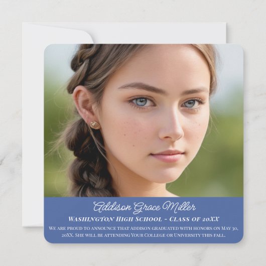 Elégant bleu Floral Graduation Faire-part photo (Dos)