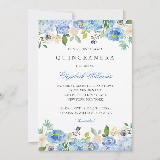 Elégant bleu Floral Quinceanera Invitation (Devant)