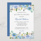 Elégant bleu Floral Quinceanera Invitation (Devant / Derrière)