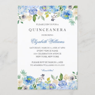 Elégant bleu Floral Quinceanera Invitation