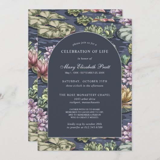 Elégant bleu foncé Nénuphar Funeral Invitation (Devant / Derrière)