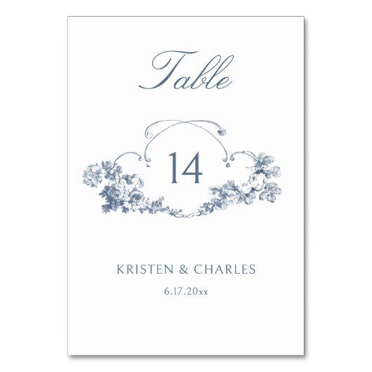 Élégant bleu Français Floral Crest Numéro de table (Dos)