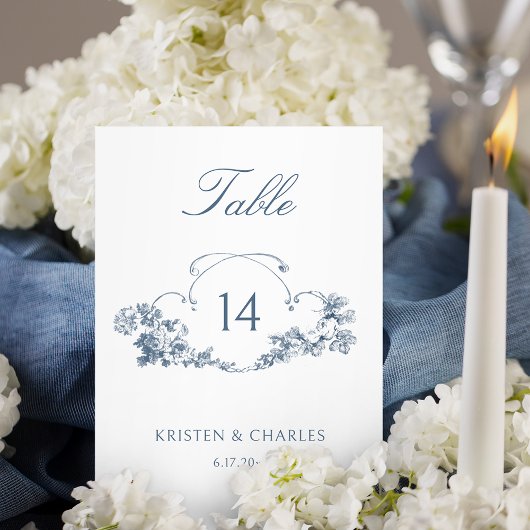 Élégant bleu Français Floral Crest Numéro de table