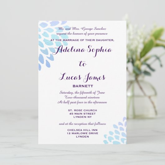 Elégant bleu Hydrangea Faire-part de mariage forme (Debout devant)