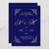 Élégant bleu marine faire-part de mariage pop up (Devant / Derrière)