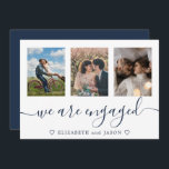 Élégant bleu multiphoto Engagé faire-part<br><div class="desc">Elégante carte de faire-part Fiançailles bleu avec 3 de vos photos,  avec invitation de la partie Engagement sur le dos. Facile à personnaliser.</div>