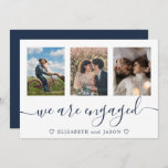 Élégant bleu multiphoto faire-part engagé<br><div class="desc">Elégante carte de faire-part Blue Fiançailles avec 3 de vos photos,  avec l'invitation de l'Engagement Party sur le dos. Facile à personnaliser.</div>