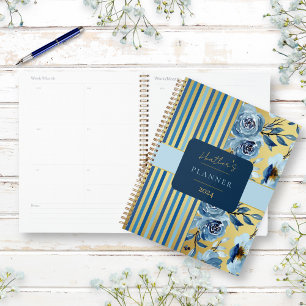 Elégant bleu or aquarelle Floral Personnalisé annu