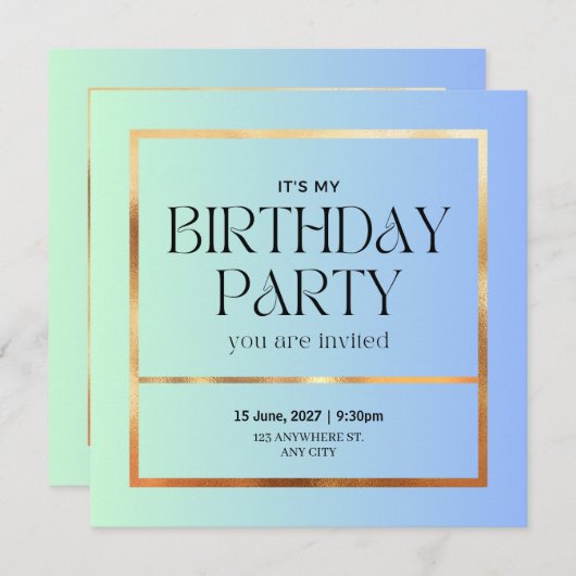 Elégant Bleu & Or Invitation Anniversaire (Devant / Derrière)