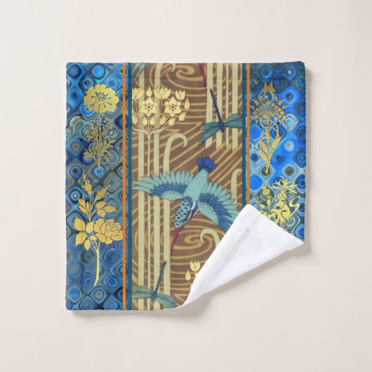 Elégant Bleu Orné, Or, Serviette Taupe (Gant de toilette)