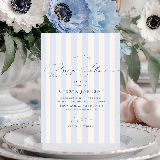 Elégant bleu rayures garçon baby shower invitation