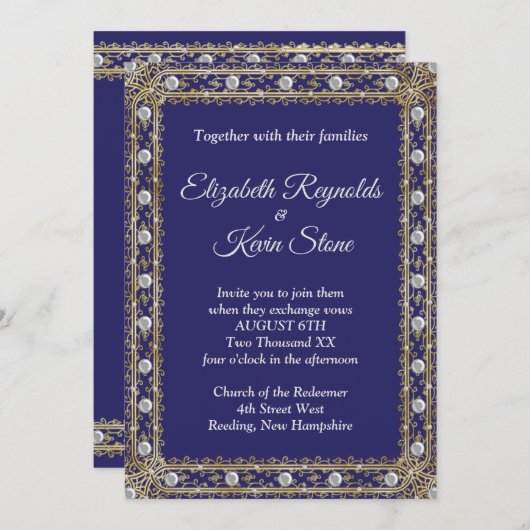 Elégant bleu royal et faire-part de mariage or (Devant / Derrière)