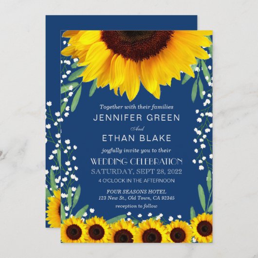 Elégant Bleu Sunflower Invitations de mariage (Devant / Derrière)