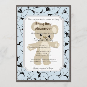 Elégant bleu Teddy Bear Boy Baby shower Invitation