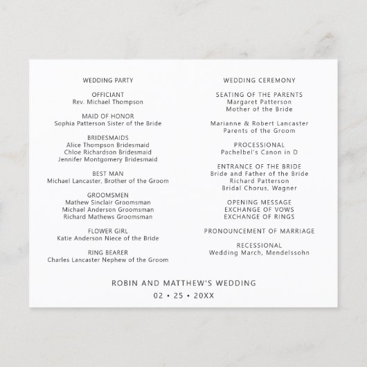 Elegant Bliss Mariage chronologie et programme (Dos)