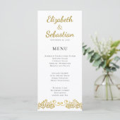 Elegant bloeien goud en wit bruiloft diner menu (Staand voorkant)