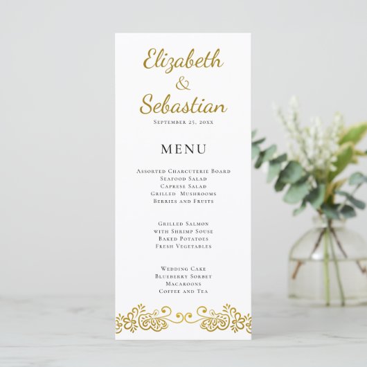 Elegant bloeien goud en wit bruiloft diner menu (Staand voorkant)
