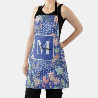 Elegant Bloem Bloemblad Blauwe Thema Monogram Schort