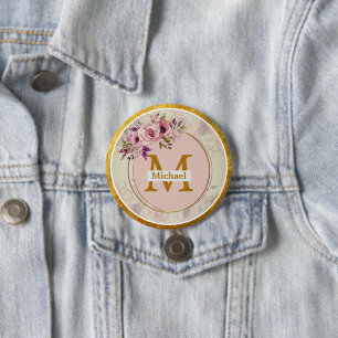 Elegant Bloem Gouden Monogram Naam & Initiaal Ronde Button 7,6 Cm