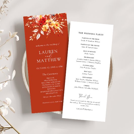 Elegant Bloem Roest Oranje Herfst Bruiloftsprogram Kaart