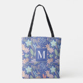 Elegant bloemblad Blauw thema Monogram Draagtas (Achterkant)