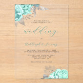 Elegant Bloemen Aqua Zilver Script Bruiloft Acryl Uitnodigingen (Voorkant)
