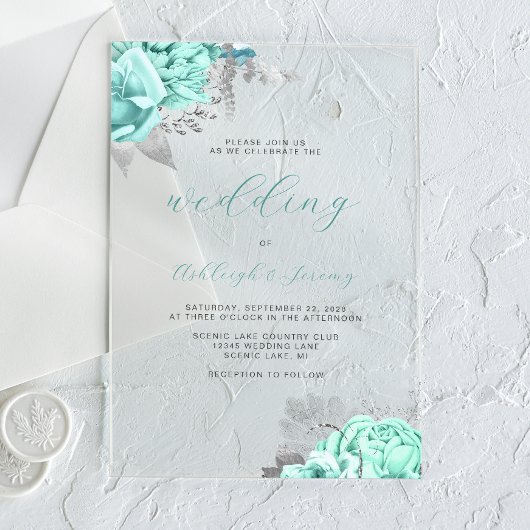 Elegant Bloemen Aqua Zilver Script Bruiloft Acryl Uitnodigingen