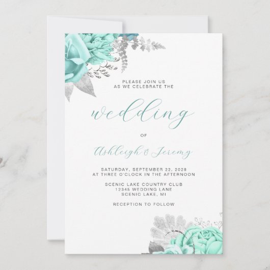 Elegant Bloemen Aqua Zilver Script Bruiloft Kaart (Voorkant)