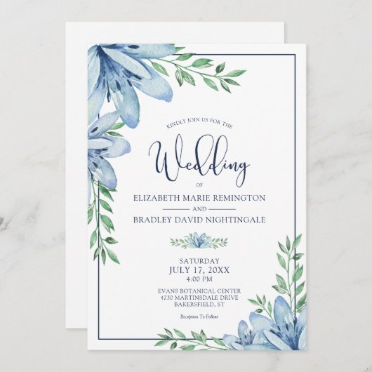 Elegant Bloemen Blauw Bloemen Groen Bruiloft Kaart (Voorkant / Achterkant)