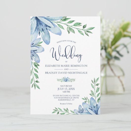 Elegant Bloemen Blauw Bloemen Groen Bruiloft Kaart (Staand voorkant)