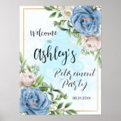 Elegant Bloemen Blauw Pensioen Partij Welkomstbord Poster (Voorkant)