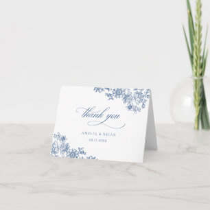 Elegant Bloemen Blauw Script Bruiloft Bedankkaart