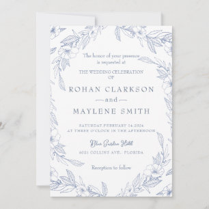 Elegant Bloemen Bord Blauw Bruiloft Uitnodiging